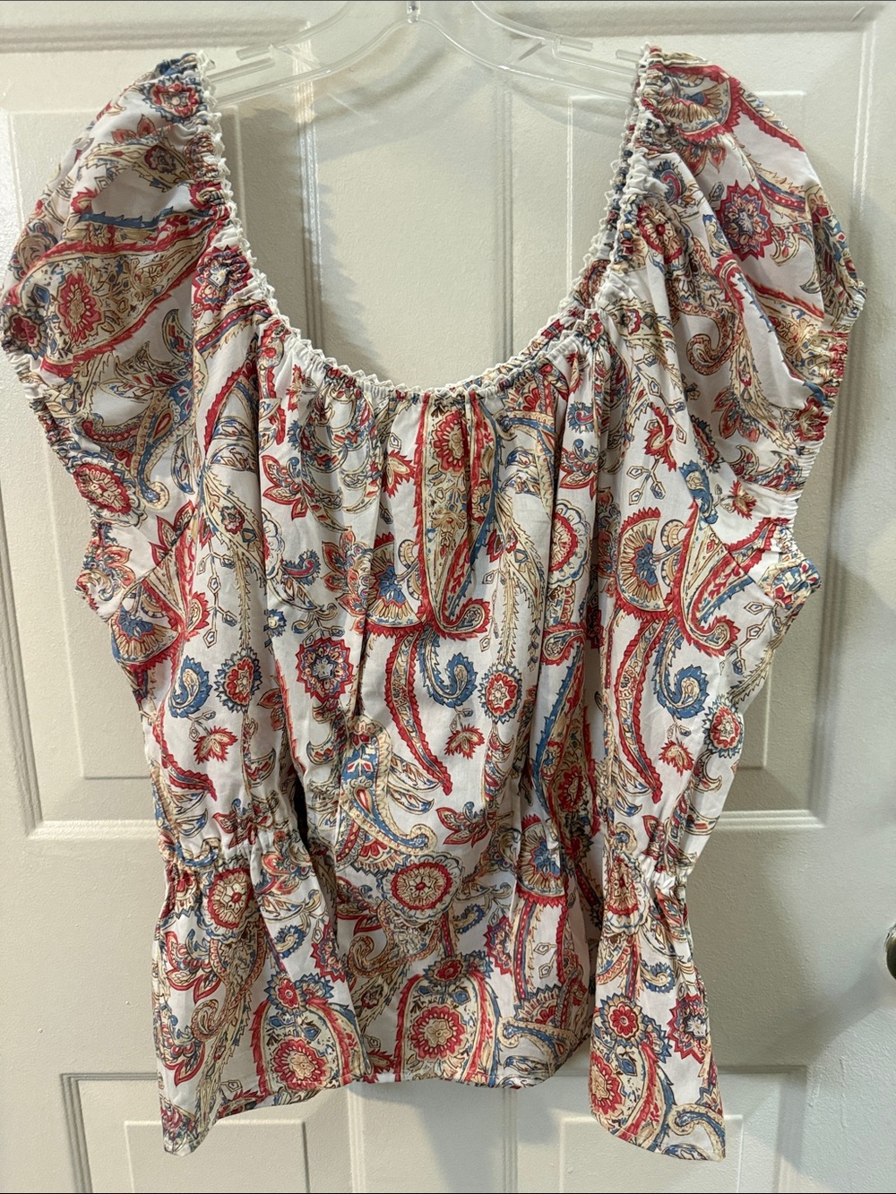 Cato White Paisley Peasant Top with Muted Red & Blue Accents. 22/24